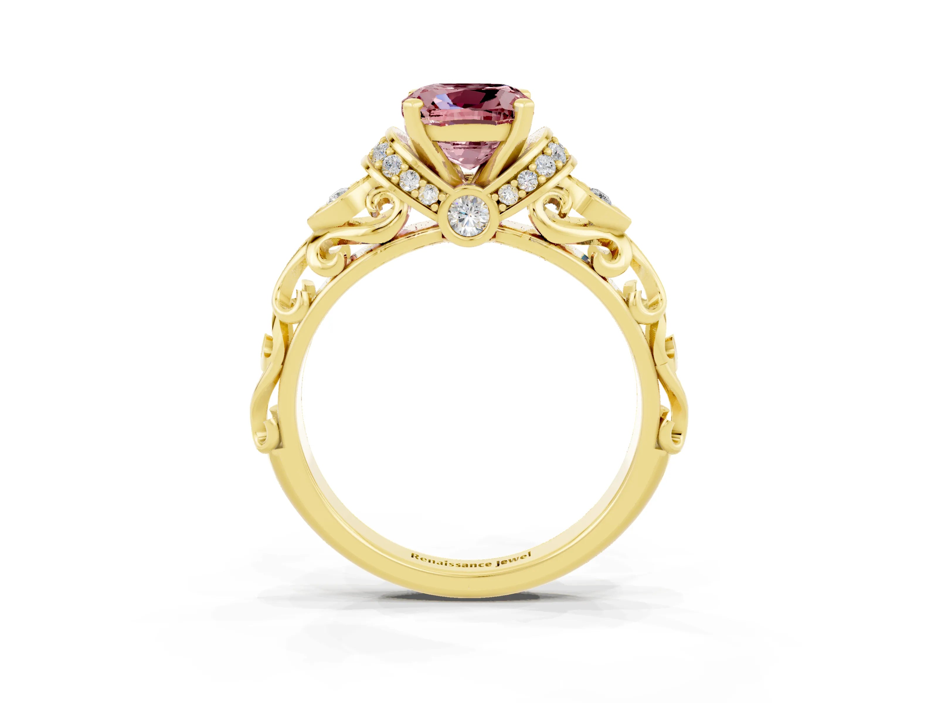 Yellow gold Cushion Cut Morganite Solitaire Ring with Filigree Band and Four-Prong Setting_27