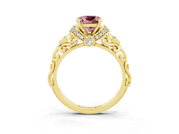 Yellow gold Cushion Cut Morganite Solitaire Ring with Filigree Band and Four-Prong Setting