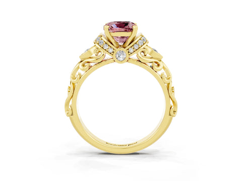 Yellow gold Cushion Cut Morganite Solitaire Ring with Filigree Band and Four-Prong Setting_27