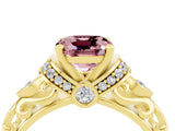 Yellow gold Cushion Cut Morganite Solitaire Ring with Filigree Band and Four-Prong Setting_28