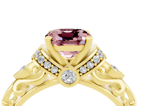 Yellow gold Cushion Cut Morganite Solitaire Ring with Filigree Band and Four-Prong Setting_28