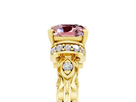 Yellow gold Cushion Cut Morganite Solitaire Ring with Filigree Band and Four-Prong Setting_29