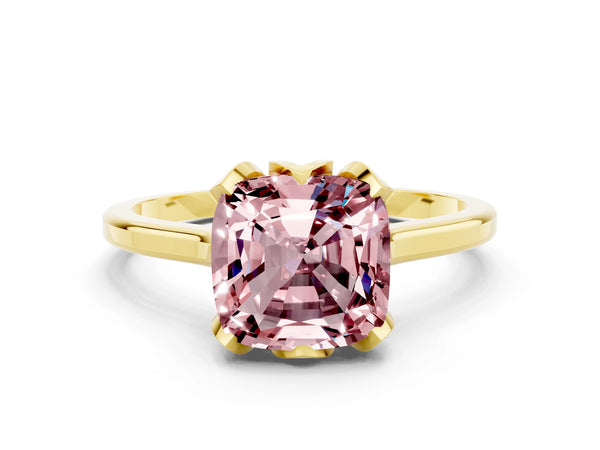 Yellow gold Cushion Cut Morganite Solitaire Ring with Flower Prong Setting and Classic Band