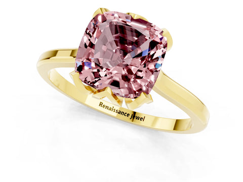 Yellow gold Cushion Cut Morganite Solitaire Ring with Flower Prong Setting and Classic Band_13