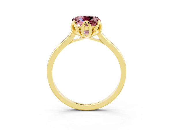 Yellow gold Cushion Cut Morganite Solitaire Ring with Flower Prong Setting and Classic Band