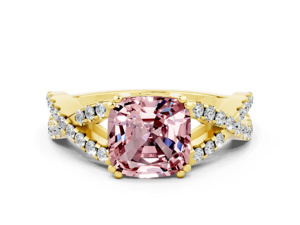 Yellow gold Cushion Cut Morganite Solitaire Ring with Four-Prong Setting and Twisted Pavé Band