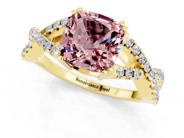 Yellow gold Cushion Cut Morganite Solitaire Ring with Four-Prong Setting and Twisted Pavé Band