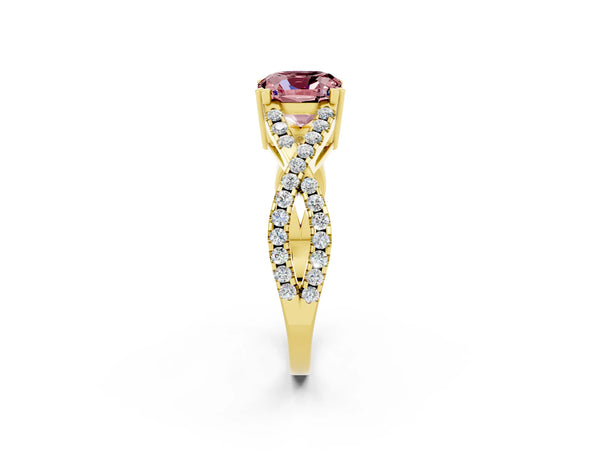 Yellow gold Cushion Cut Morganite Solitaire Ring with Four-Prong Setting and Twisted Pavé Band