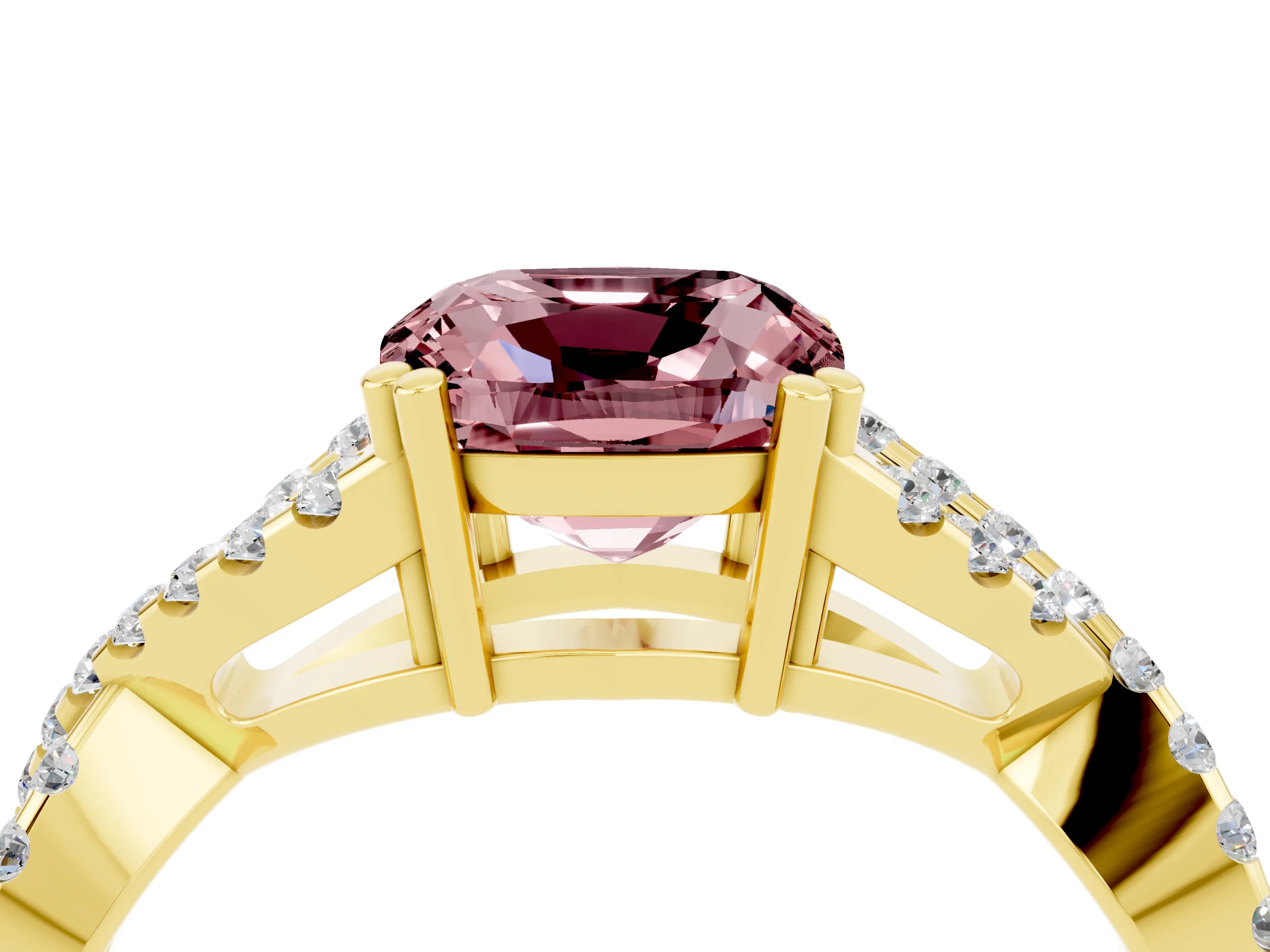 Yellow gold Cushion Cut Morganite Solitaire Ring with Four-Prong Setting and Twisted Pavé Band_4