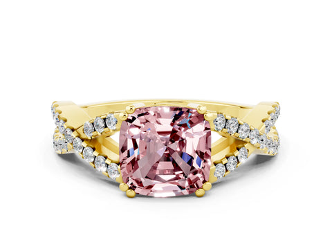 Yellow gold Cushion Cut Morganite Solitaire Ring with Four-Prong Setting and Twisted Pavé Band