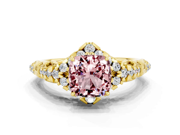 Yellow gold Cushion Cut Morganite Solitaire Ring with Hidden Halo and Pavé Band