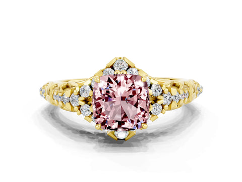Yellow gold Cushion Cut Morganite Solitaire Ring with Hidden Halo and Pavé Band_12