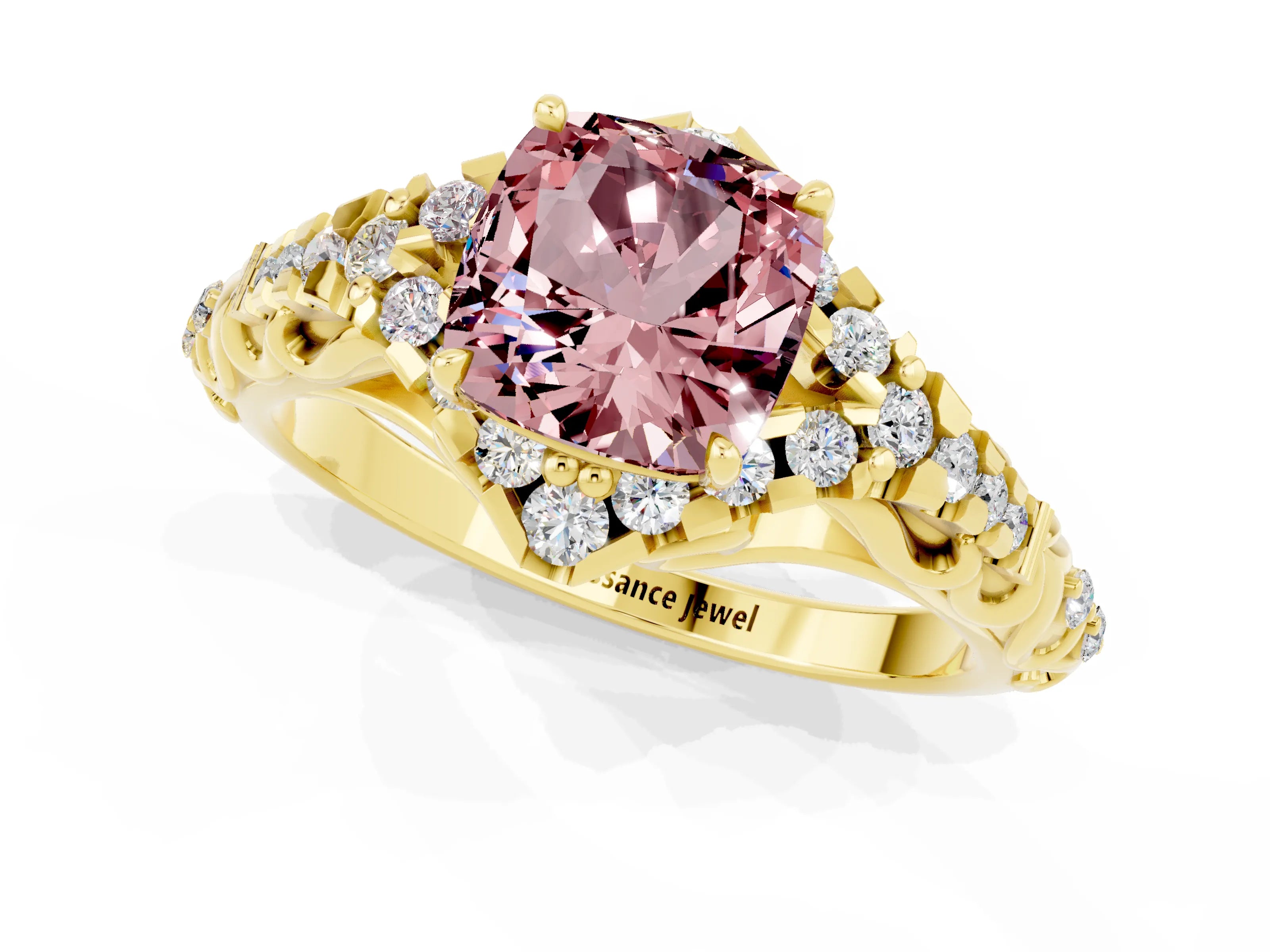 Yellow gold Cushion Cut Morganite Solitaire Ring with Hidden Halo and Pavé Band_13