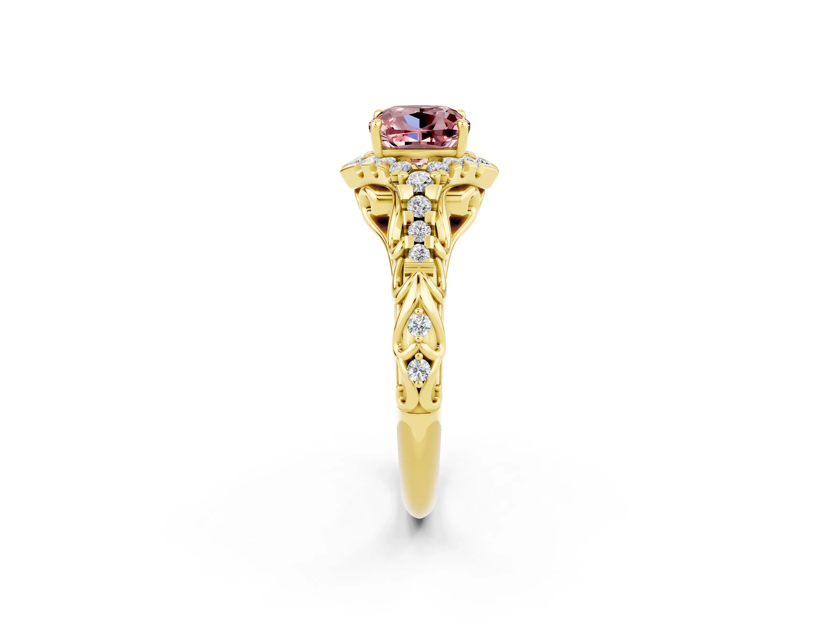 Yellow gold Cushion Cut Morganite Solitaire Ring with Hidden Halo and Pavé Band_14