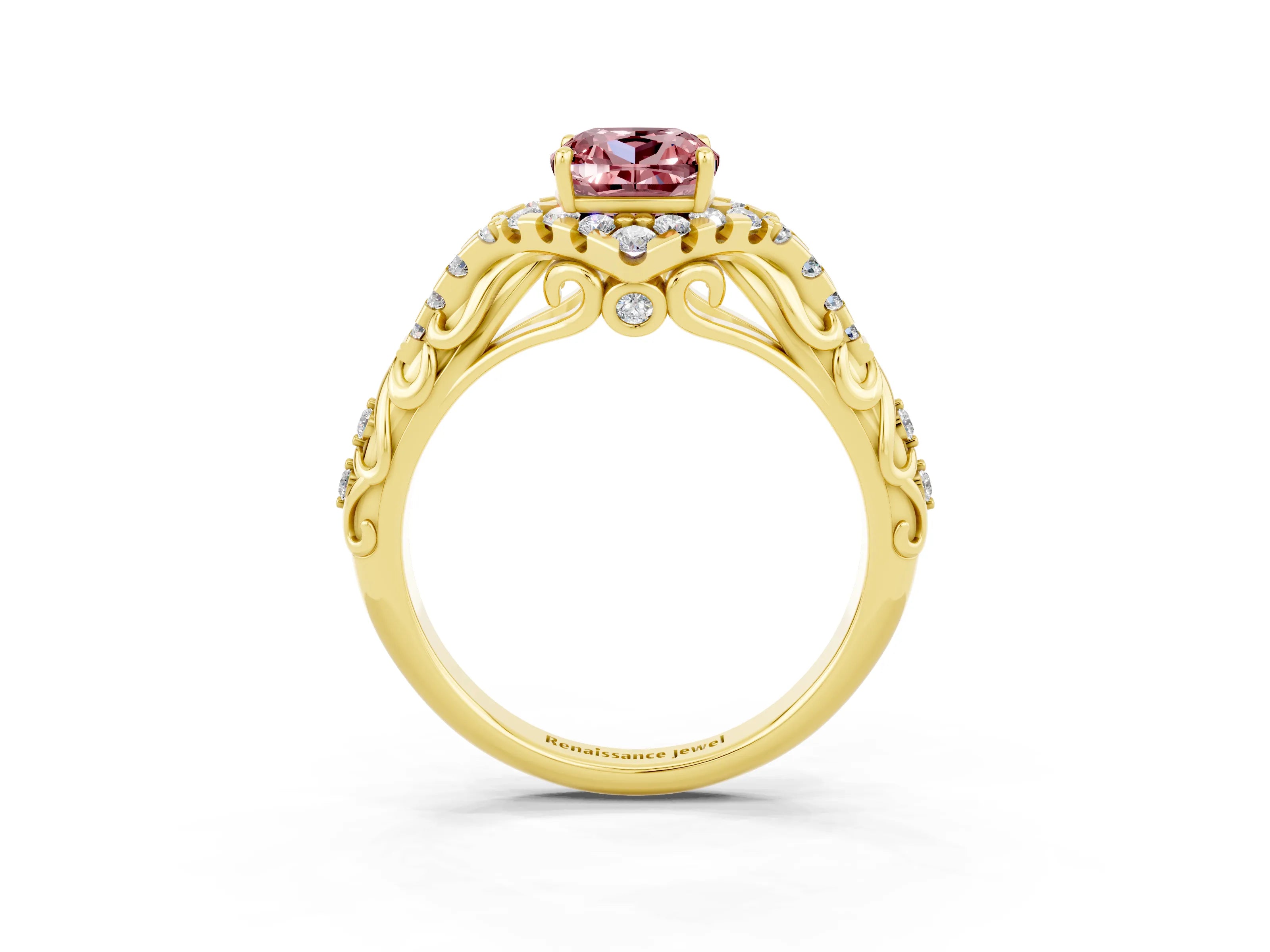 Yellow gold Cushion Cut Morganite Solitaire Ring with Hidden Halo and Pavé Band_15