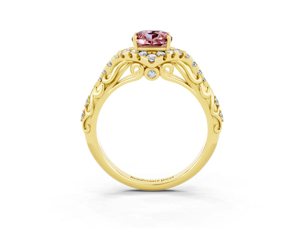 Yellow gold Cushion Cut Morganite Solitaire Ring with Hidden Halo and Pavé Band