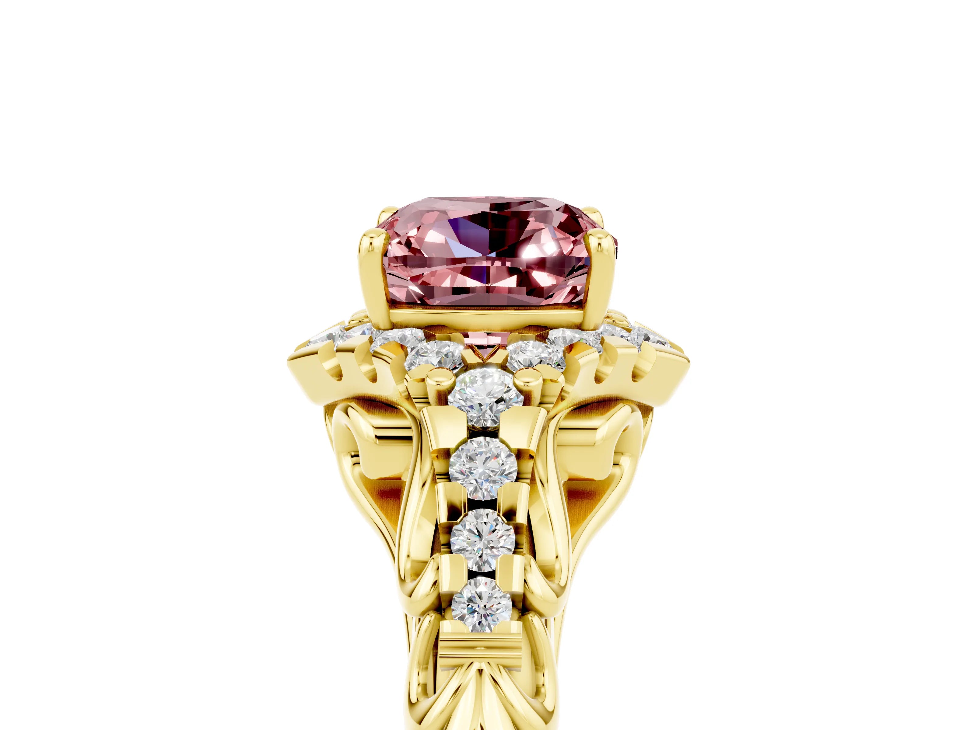 Yellow gold Cushion Cut Morganite Solitaire Ring with Hidden Halo and Pavé Band_17