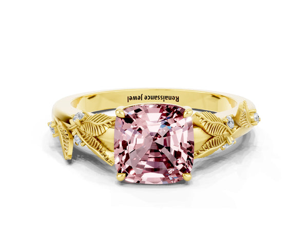 Yellow gold Cushion Cut Morganite Solitaire Ring with Leaf Motif Band and Four-Prong Setting