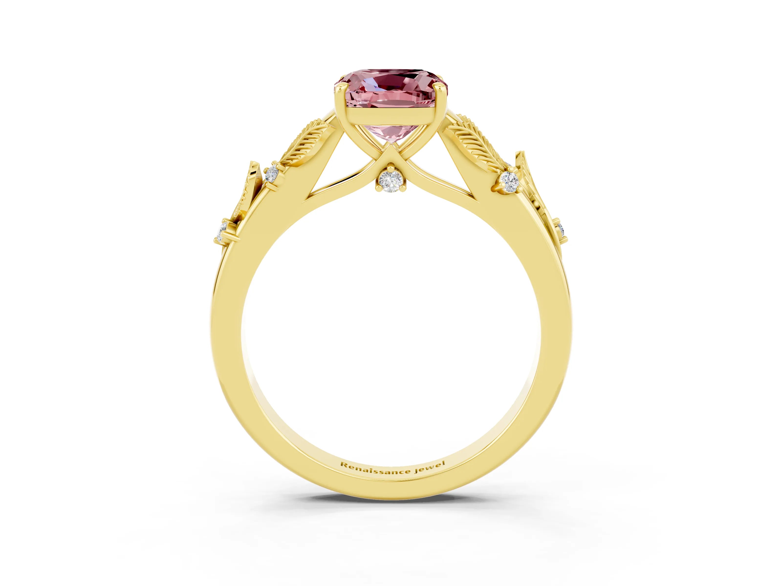 Yellow gold Cushion Cut Morganite Solitaire Ring with Leaf Motif Band and Four-Prong Setting_3