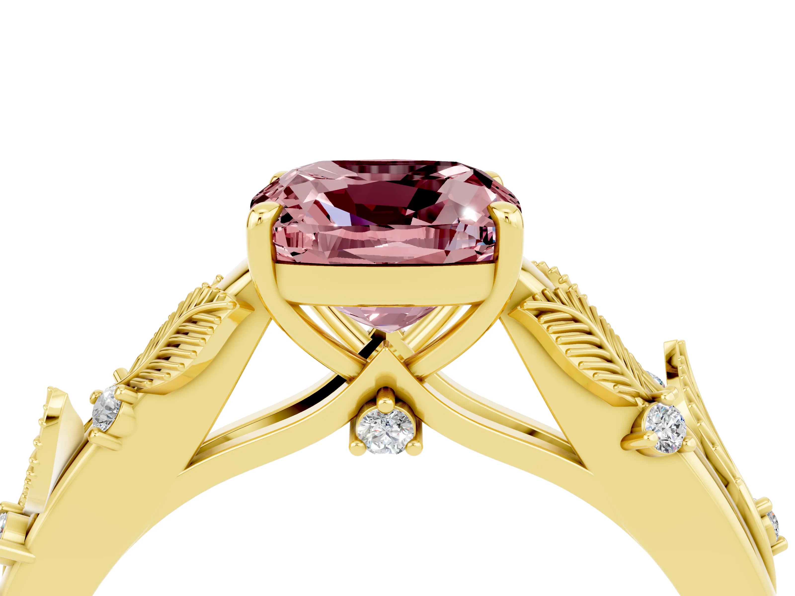 Yellow gold Cushion Cut Morganite Solitaire Ring with Leaf Motif Band and Four-Prong Setting_4