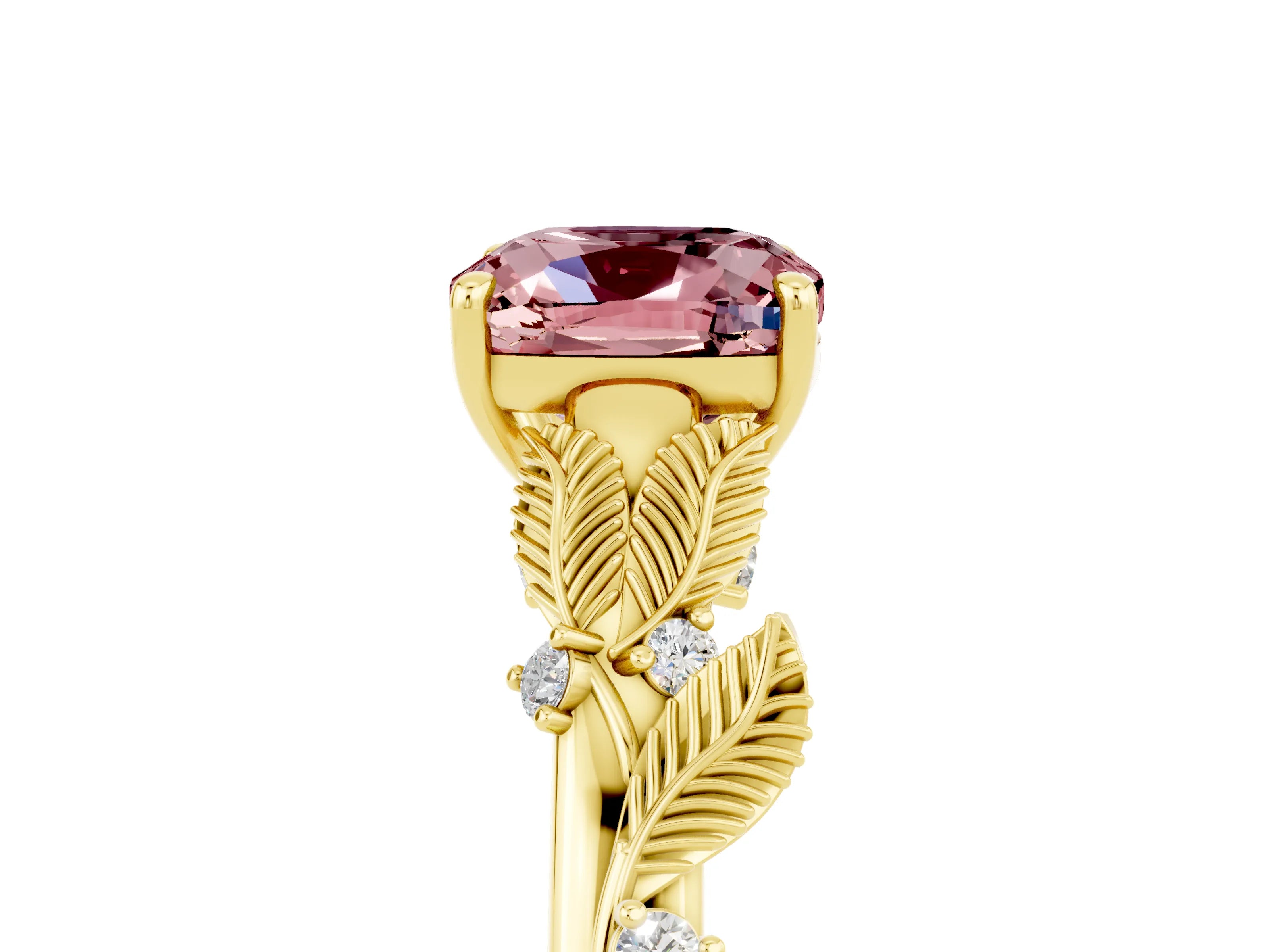 Yellow gold Cushion Cut Morganite Solitaire Ring with Leaf Motif Band and Four-Prong Setting_5