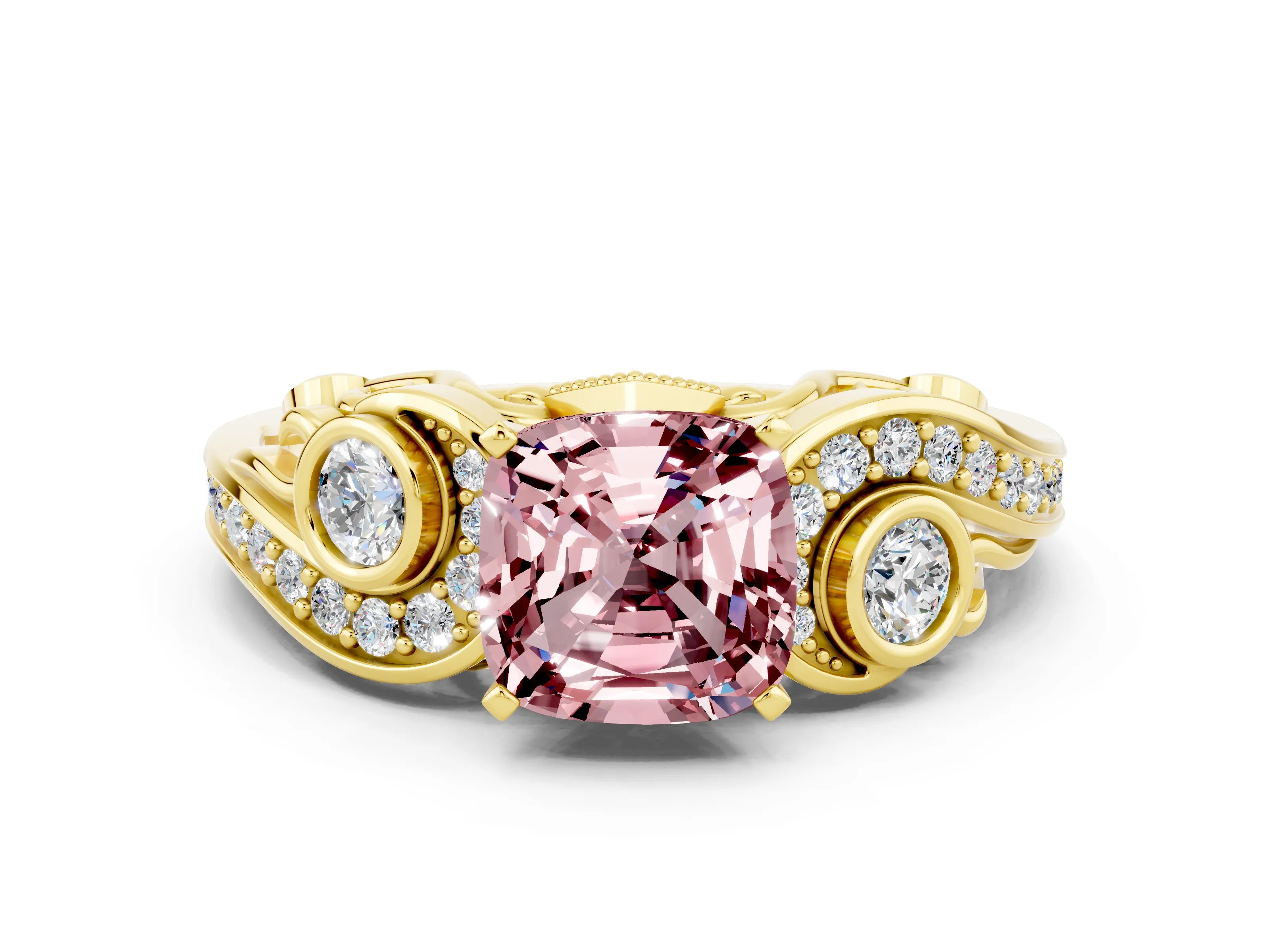 Yellow gold Cushion Cut Morganite Solitaire Ring with Milgrain Pavé Band and Four-Prong Setting_24