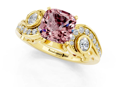 Yellow gold Cushion Cut Morganite Solitaire Ring with Milgrain Pavé Band and Four-Prong Setting_25