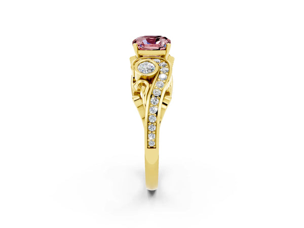 Yellow gold Cushion Cut Morganite Solitaire Ring with Milgrain Pavé Band and Four-Prong Setting