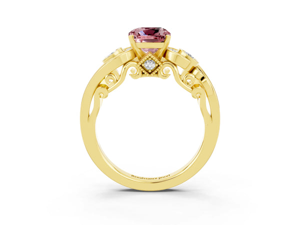 Yellow gold Cushion Cut Morganite Solitaire Ring with Milgrain Pavé Band and Four-Prong Setting
