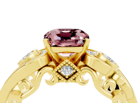 Yellow gold Cushion Cut Morganite Solitaire Ring with Milgrain Pavé Band and Four-Prong Setting_28