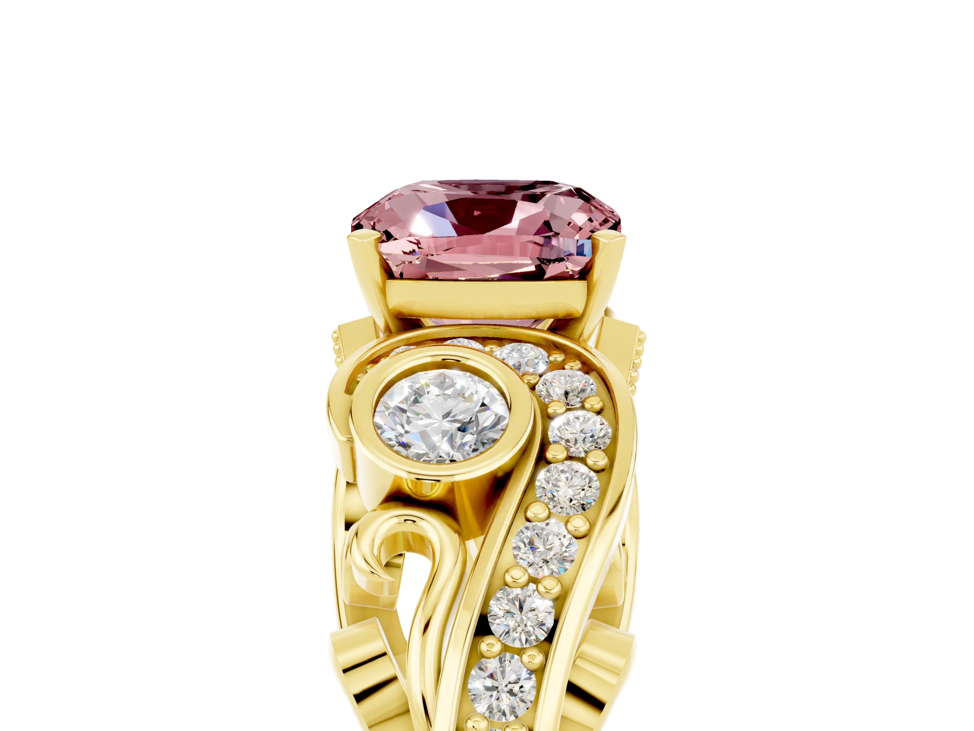 Yellow gold Cushion Cut Morganite Solitaire Ring with Milgrain Pavé Band and Four-Prong Setting_29