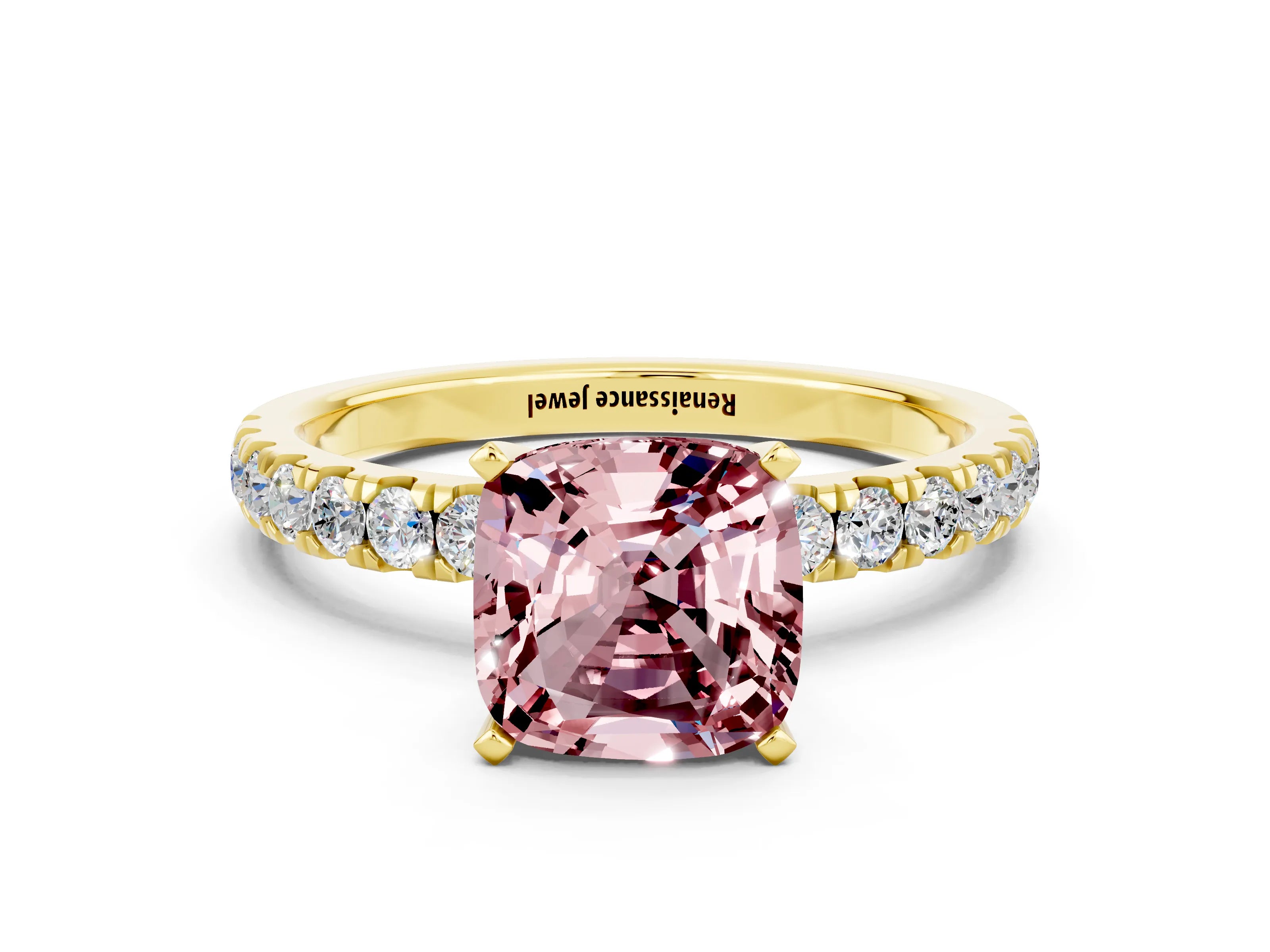 Yellow gold Cushion Cut Morganite Solitaire Ring with Pavé Accents and Four-Prong Setting