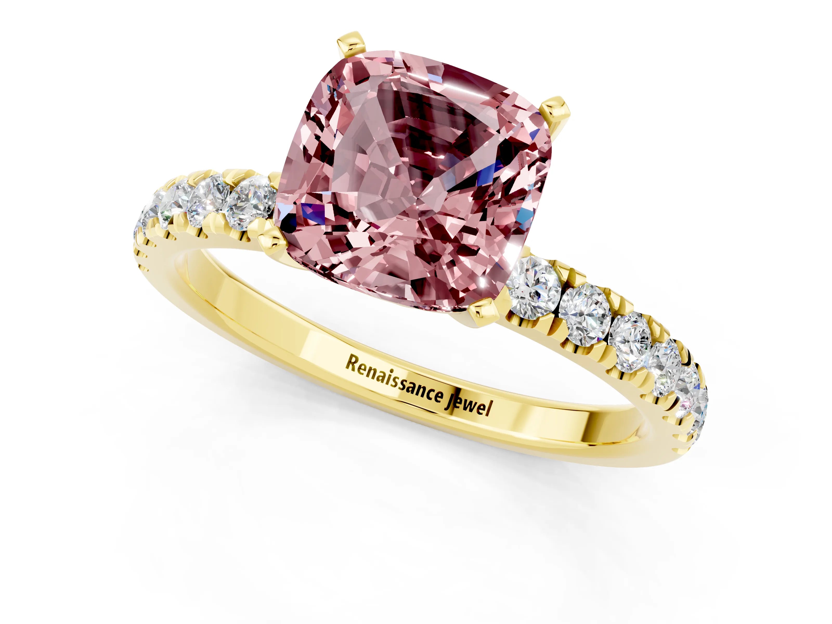 Yellow gold Cushion Cut Morganite Solitaire Ring with Pavé Accents and Four-Prong Setting_1