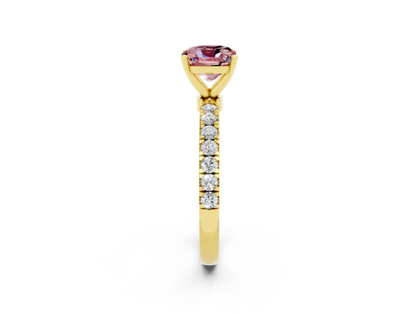 Yellow gold Cushion Cut Morganite Solitaire Ring with Pavé Accents and Four-Prong Setting