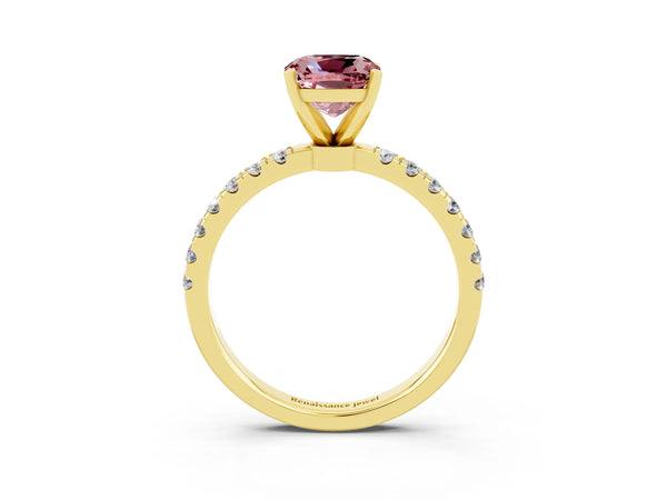 Yellow gold Cushion Cut Morganite Solitaire Ring with Pavé Accents and Four-Prong Setting