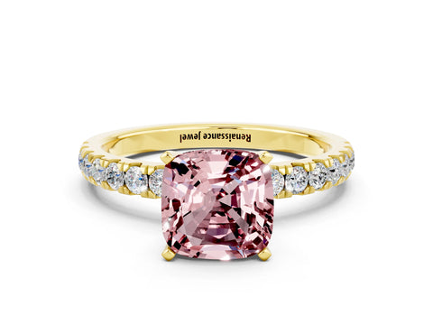Yellow gold Cushion Cut Morganite Solitaire Ring with Pavé Accents and Four-Prong Setting