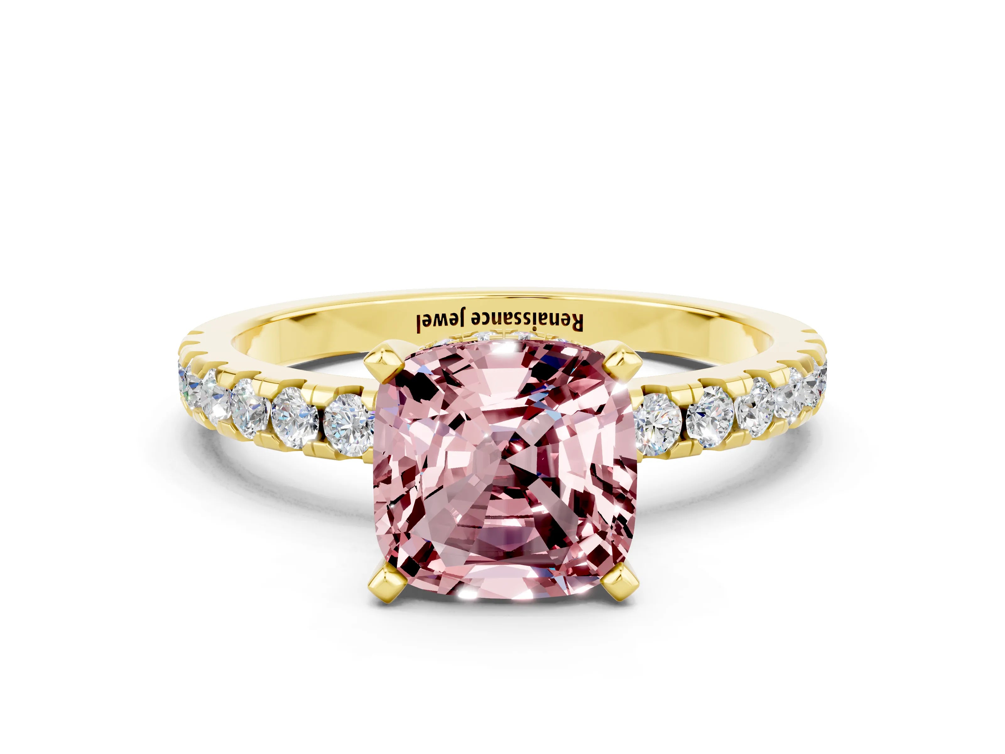 Yellow gold Cushion Cut Morganite Solitaire Ring with Pavé Band and Four-Prong Setting_24