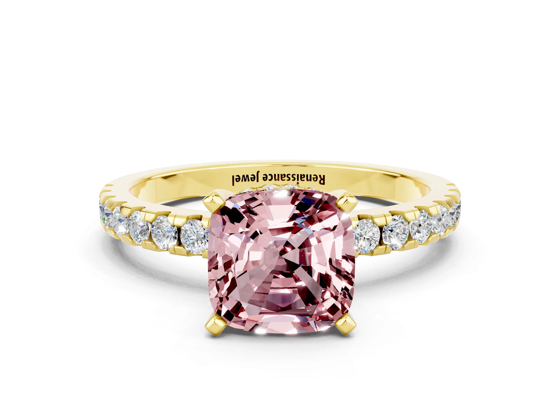 Yellow gold Cushion Cut Morganite Solitaire Ring with Pavé Band and Four-Prong Setting_24