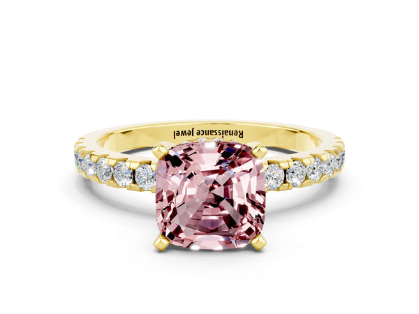 Yellow gold Cushion Cut Morganite Solitaire Ring with Round  Pavé Band and Four-Prong Setting