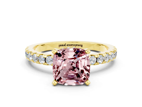 Yellow gold Cushion Cut Morganite Solitaire Ring with Pavé Band and Four-Prong Setting_24