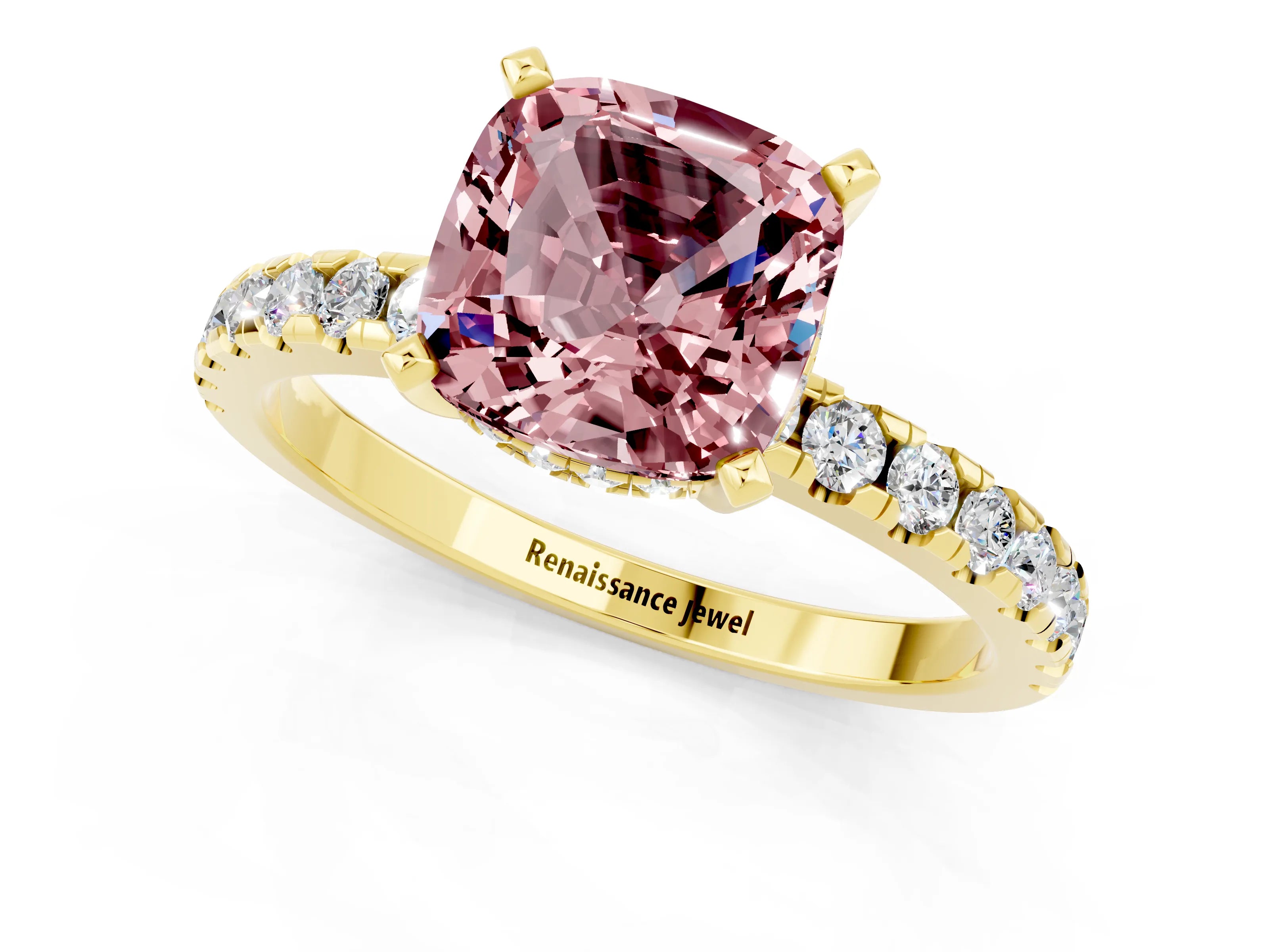 Yellow gold Cushion Cut Morganite Solitaire Ring with Pavé Band and Four-Prong Setting_25
