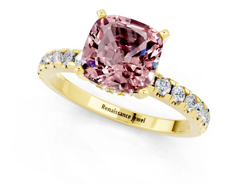 Yellow gold Cushion Cut Morganite Solitaire Ring with Pavé Band and Four-Prong Setting_25