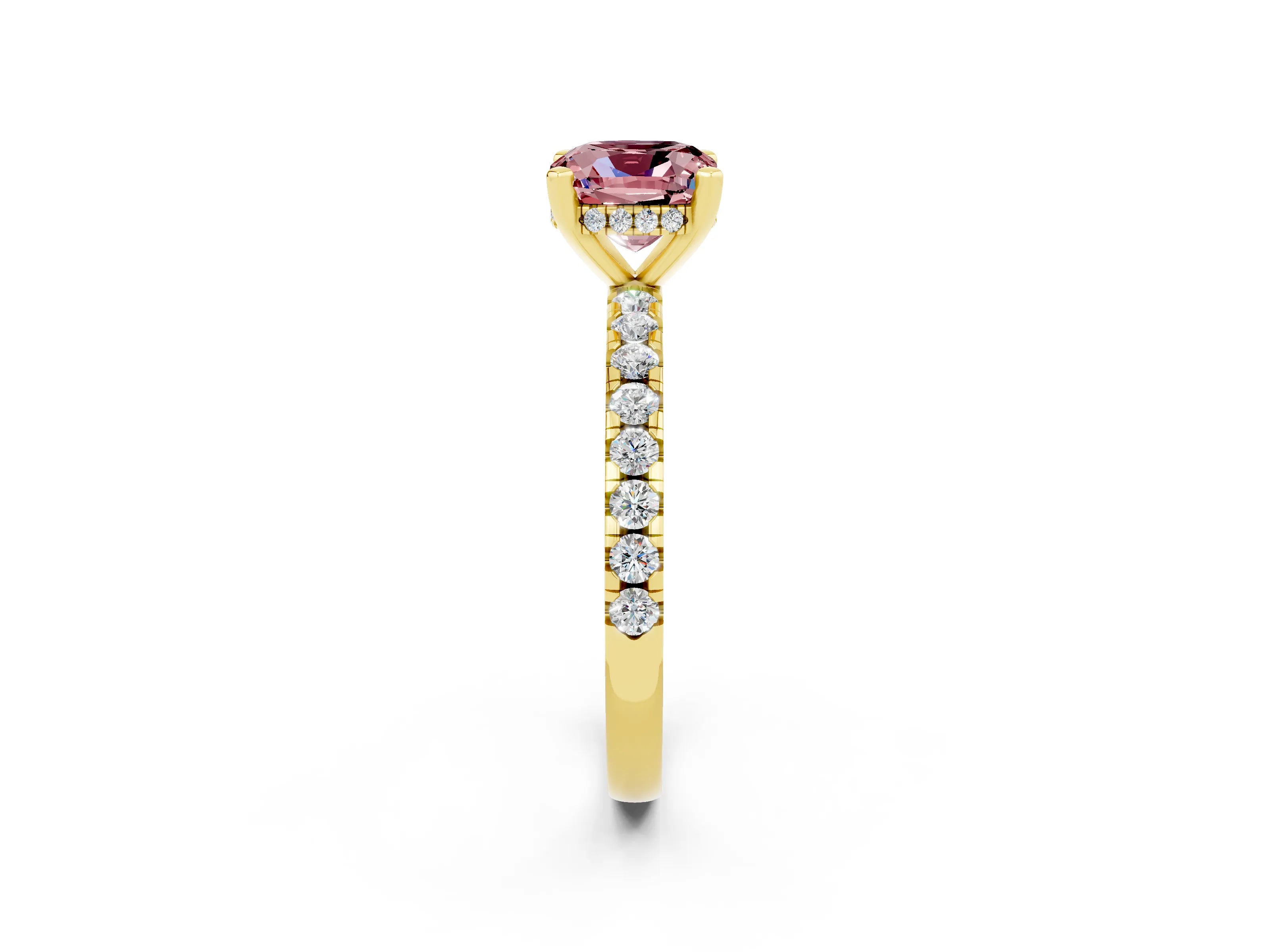 Yellow gold Cushion Cut Morganite Solitaire Ring with Pavé Band and Four-Prong Setting_26