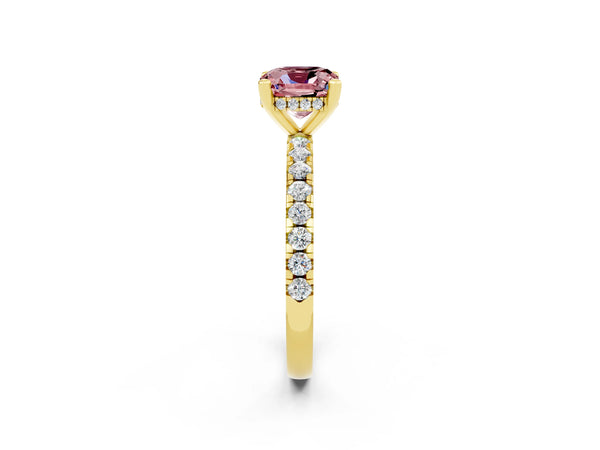 Yellow gold Cushion Cut Morganite Solitaire Ring with Round  Pavé Band and Four-Prong Setting
