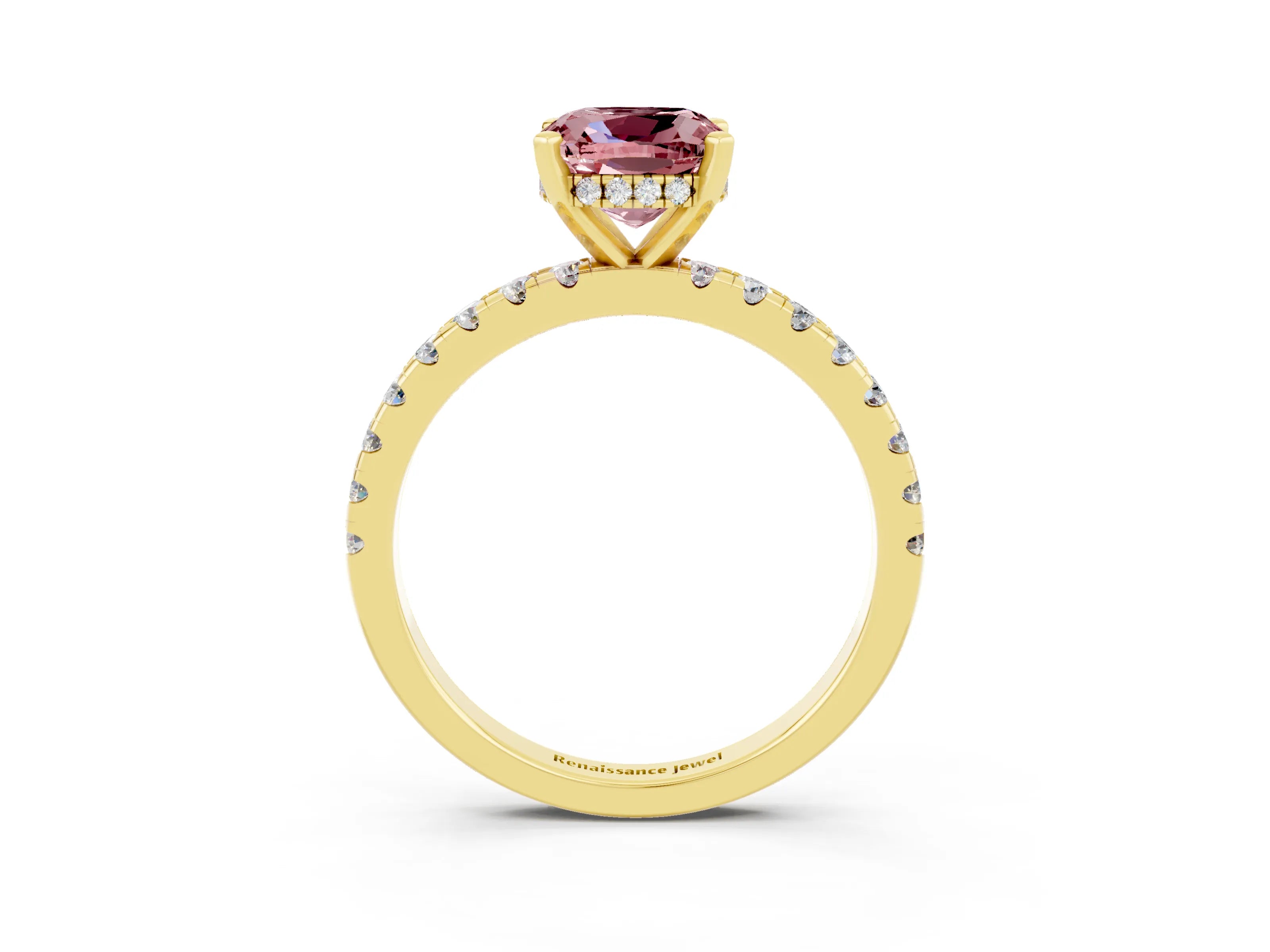Yellow gold Cushion Cut Morganite Solitaire Ring with Pavé Band and Four-Prong Setting_27