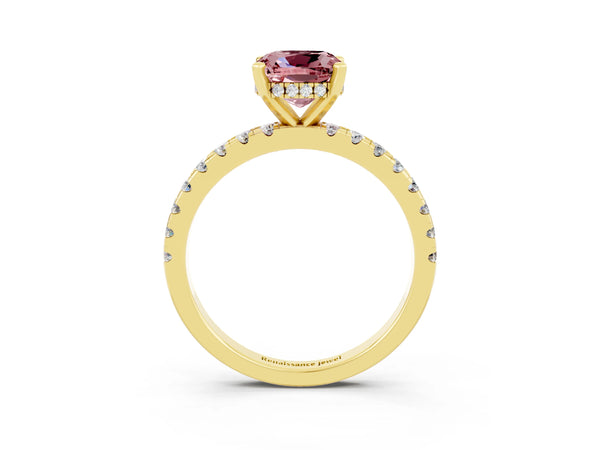 Yellow gold Cushion Cut Morganite Solitaire Ring with Round  Pavé Band and Four-Prong Setting