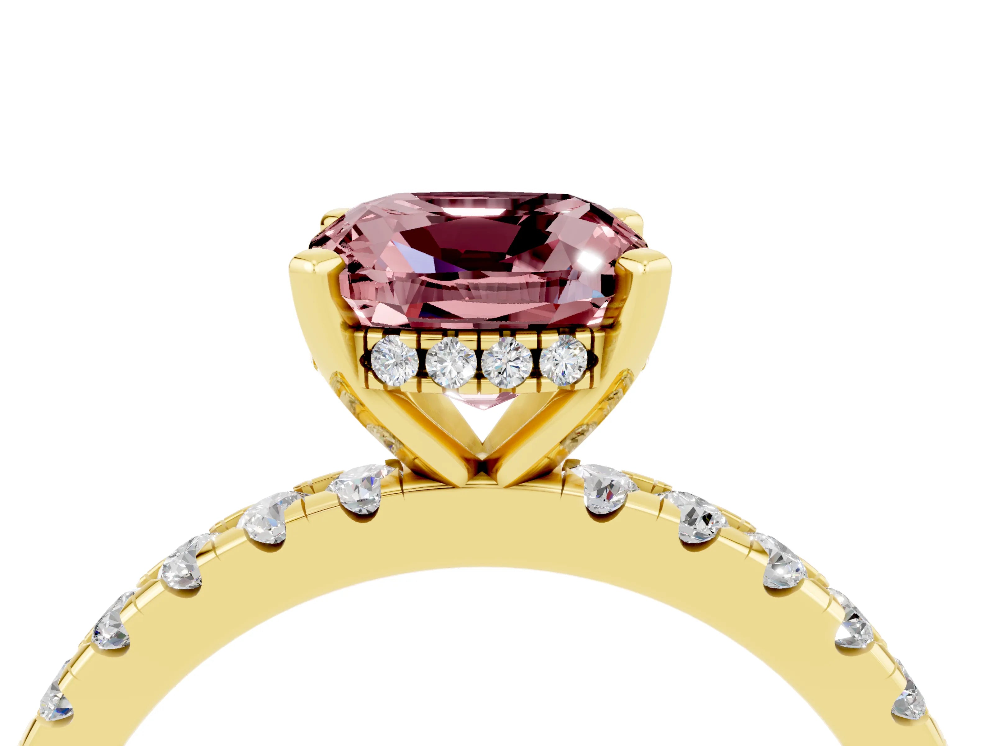 Yellow gold Cushion Cut Morganite Solitaire Ring with Pavé Band and Four-Prong Setting_28