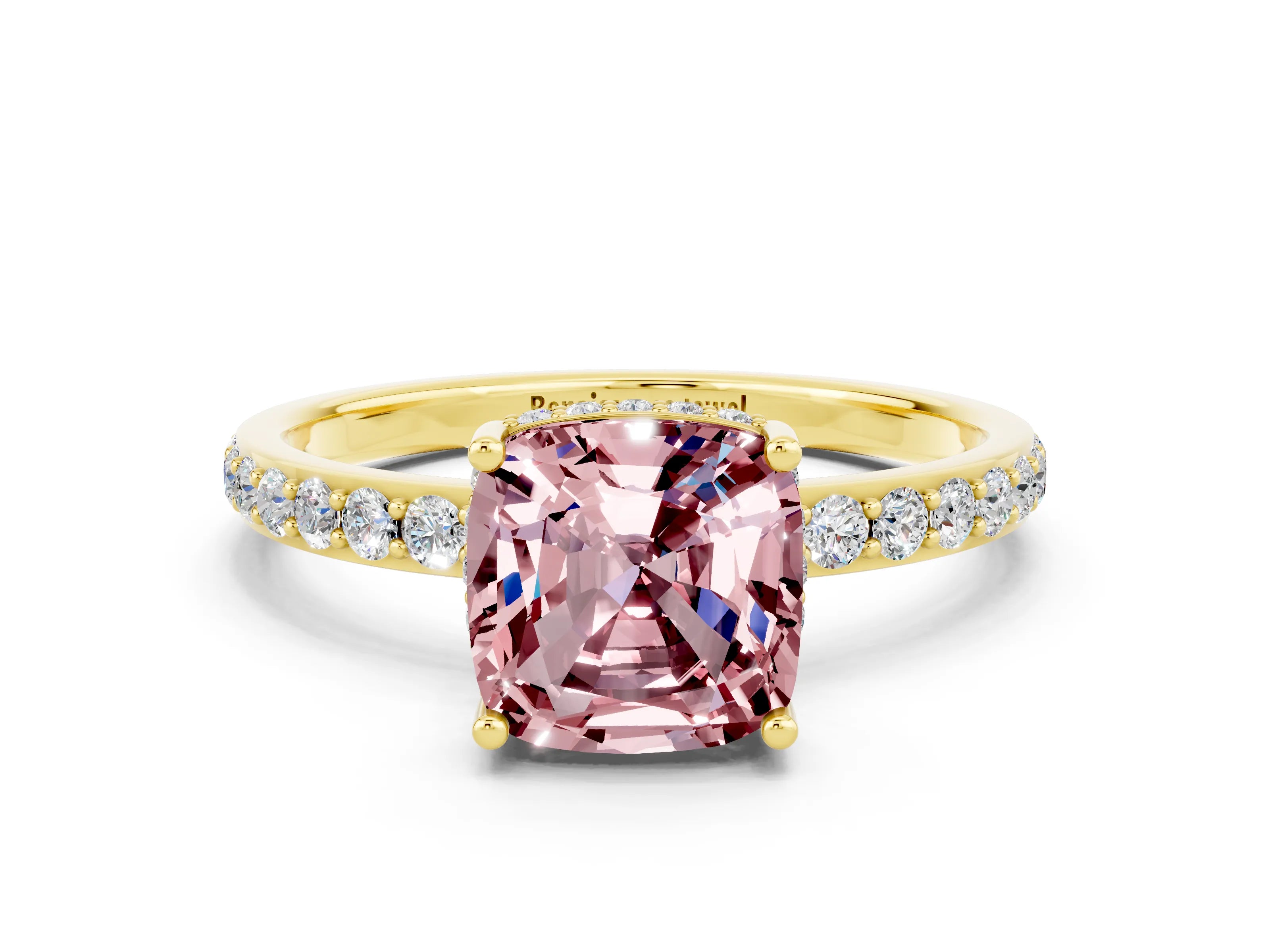 Yellow gold Cushion Cut Morganite Solitaire Ring with Pavé Band and Hidden Halo_12