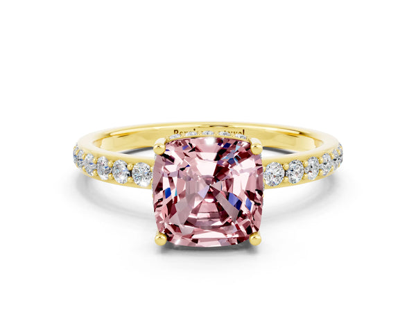 Yellow gold Cushion Cut Morganite Solitaire Ring with Pavé Band and Hidden Halo