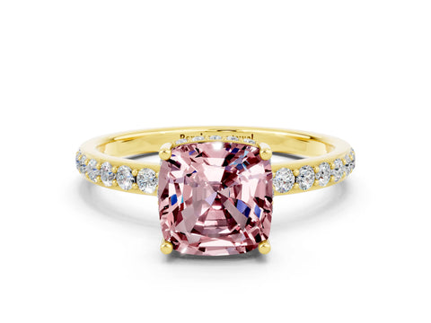 Yellow gold Cushion Cut Morganite Solitaire Ring with Pavé Band and Hidden Halo_12